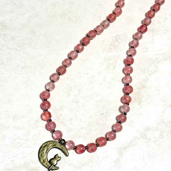 Cherry Quartz Short Necklace with Bronze Cat on the Moon Pendant - Picture 7 of 13